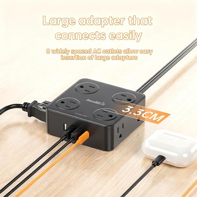 Flat Plug Power Strip with USB C, 6.5FT Flat Extension Cord - 8 AC Outlets and 4 USB(1 USB C), Power Strip with Surge Protector, Wall Mount Charging Station Office Home (Black, 15 FT)