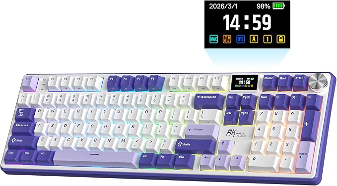 RK ROYAL KLUDGE S104 Wireless Mechanical Keyboard w/Screen & Knob, Tri-Mode 101 Keys Full Size Top Mount RGB Gaming Keyboard BT/2.4G/USB-C, 8000mAh Battery, Web Driver, Hot Swap Custom Linear Switch