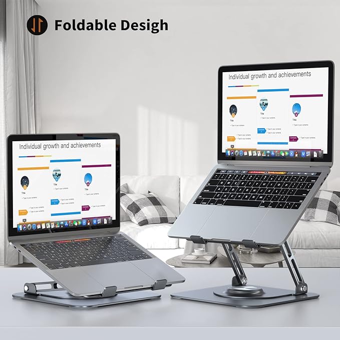 JOYEKY Laptop Stand for Desk, Adjustable Computer Stand with 360° Rotating Base, Ergonomic Laptop Riser for Collaborative Work, Foldable & Portable Laptop Stand, fits for All 10-16" Laptops (Grey)