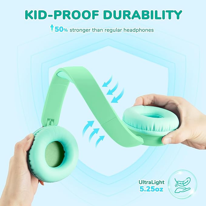 iClever BTH22 Kids Bluetooth Headphones, 60H Play Time, 74/85 dBA Safe Volume, Bluetooth 5.4, USB C, Over Ear Kids Headphones Wireless with Mic AUX Cord for iPad/Tablet/Travel/School, Light Green