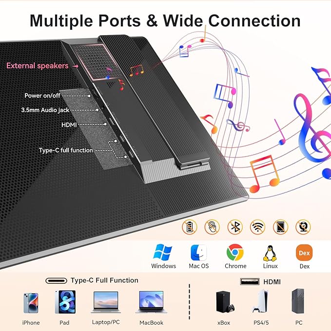 Portable Monitor 16" 1200P FHD Laptop Screen Extender, Horizontal Vertical Monitors with External Speakers, 100% sRGB Plug & Play Computer Gaming Travel Second Screen for Wins Mac Phone PS5 Xbox