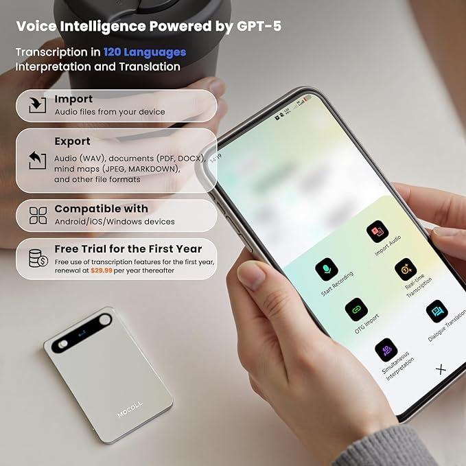 Mocoll AI Voice Recorder, Transcribe & Summarize with AI, App Control,Supports 120 Languages,64GB Note Taking Device w/Magnetic Case, 45H Recording, Ultra-Slim, Note Taker for Meetings, Interviews