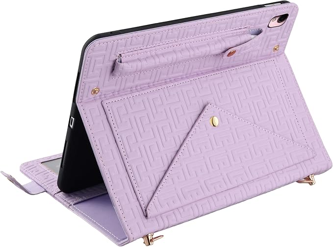 Handbag Case for iPad 9.7 Inch 2018/2017 (6th/5th Gen), iPad Air 2/Pro 9.7 Cover, Techcircle Cute Folio Stand Wallet Case w/Pencil Holder, Card Slots, Hand Strap, Shoulder Strap, Lavender