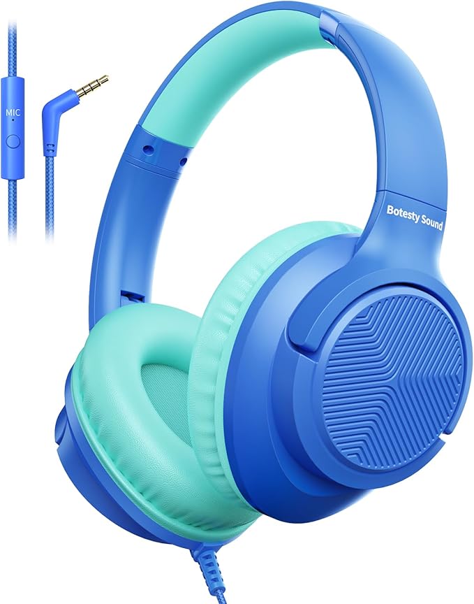 Botesty Sound Wired Headphones with Microphone, Over Ear 3.5mm Plug in Headphones with 4.9ft Tangle-Free Nylon Cord for Tablet, Laptop, MP3/4, School, Airplane Travel (Blue)