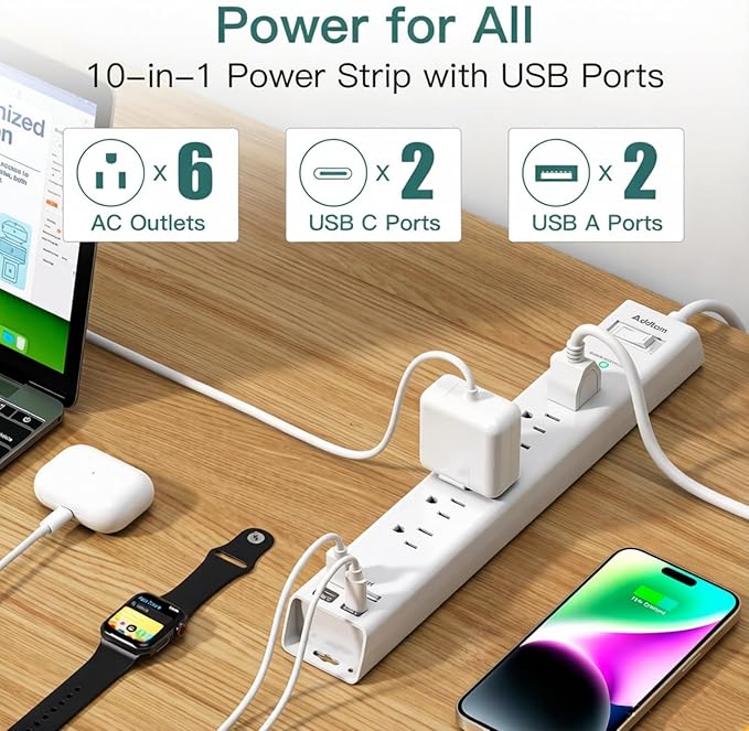 Addtam 10ft Power Strip Surge Protector, 6 Outlets and 4 USB Ports (2 USB C), 10 ft Long Extension Cord with Ultra Flat Plug, Wall Mount Desktop Charging Station for Home Office Dorm Room Essentials