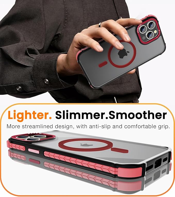 DEERLAMN Strong Magnetic Case for iPhone 13 Pro Max 6.7-Inch,[Compatible with Magsafe][Military Grade Drop Protection] Translucent Matte Shockproof Protective Phone Cover-Frosted Red
