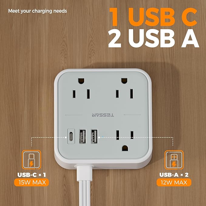 TESSAN Ultra Thin Flat Extension Cord 5 FT, Slim Power Strip with USB Ports (1 USB C), Non Surge Protector Flat Plug Wall Charger with 3 Outlets for Office, School, Alaska Cruise Essentials, Grey