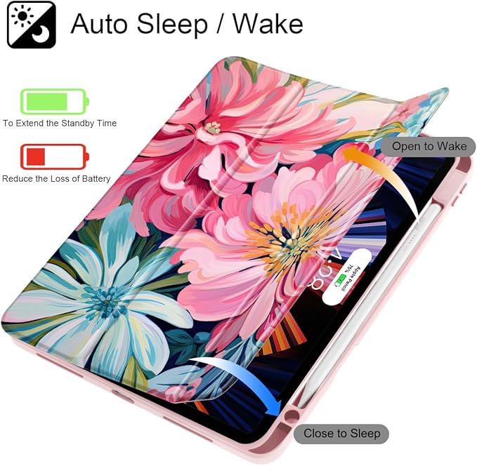 May Chen for iPad Pro 13 Inch Case M5 2025 / M4 2024, Built Pencil Holder & Clear Transparent Print Back Shell Slim Stand Shockproof Tablet Cover, Auto Wake/Sleep, Flowers Painting