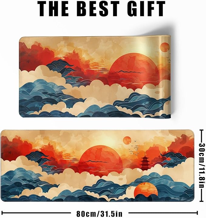 Desk Mat Red and Gold Blue Wave Decor Large Keyboard Sun Mouse Pad for Laptop Pc Setup Desk Cover Protector Desk Décor for Office Home Work Gaming 31.5" X 11.8" Stitched Edge Non-Slip Design