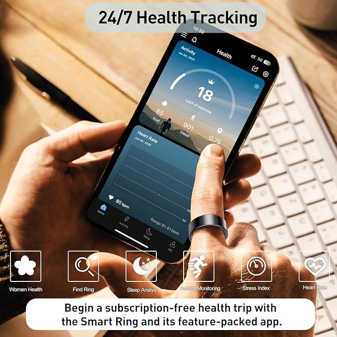 Smart Health Ring for Women Men Fitness Tracker with Heart Rate, Blood Oxygen,Sleep Monitoring, Step Counting, IP68 Waterproof for iPhone and Android, No Subscription Fee (Gold, 9)