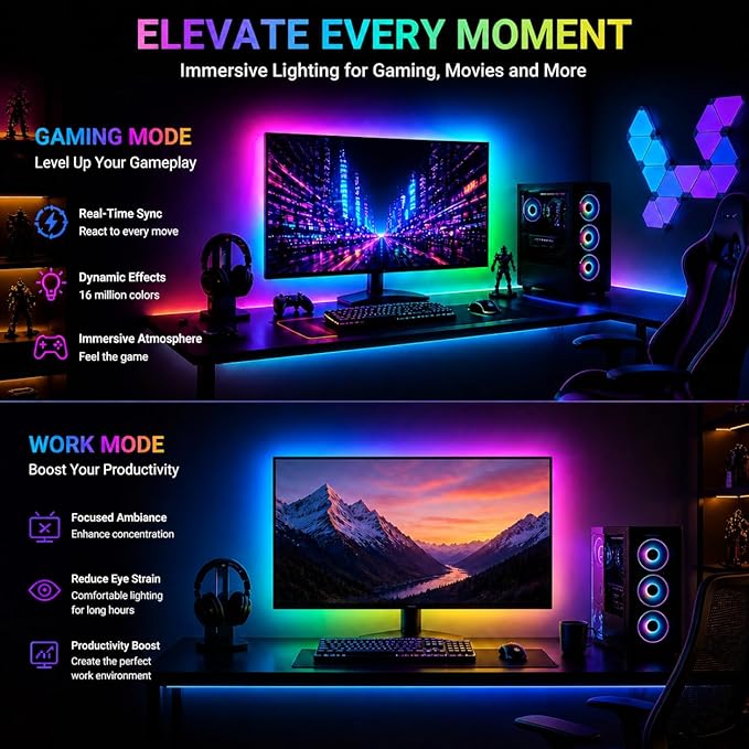 RGB Monitor Backlight with Screen Sync, Dual USB Powered Ambient Lighting Kit for 27 Inch Gaming Monitors, Music Mode, Immersive Dynamic LED Strip Lights for PC Setup (4 Sides - 27 inch)