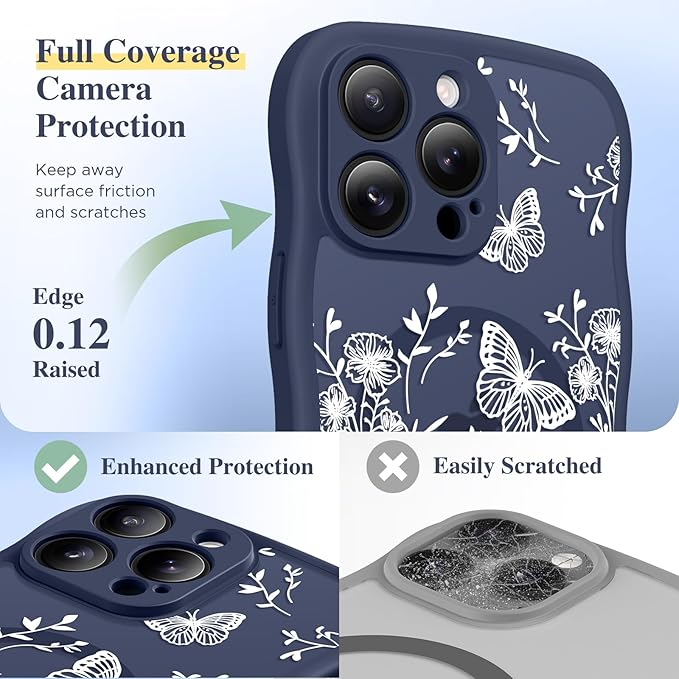 GVIEWIN for iPhone 16 Pro Max Case Compatible with MagSafe [Curly Wave Edge][Full Camera Protection] Floral Translucent Shockproof Magnetic Women Phone Case for 16 Pro Max, Tuberose/Blue