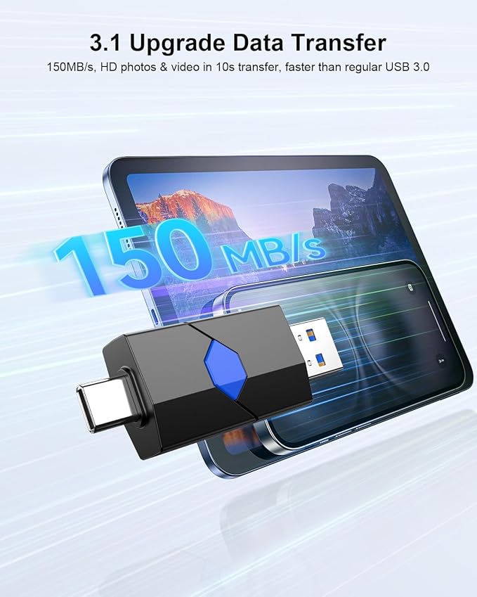 128GB USB Flash Drive JUANWE Type C & Type A Dual Port USB USB 3.1 Thumb Drive 150MB/s High Speed Transfer Memory Stick for Phone, Laptop, Tablet, Blue