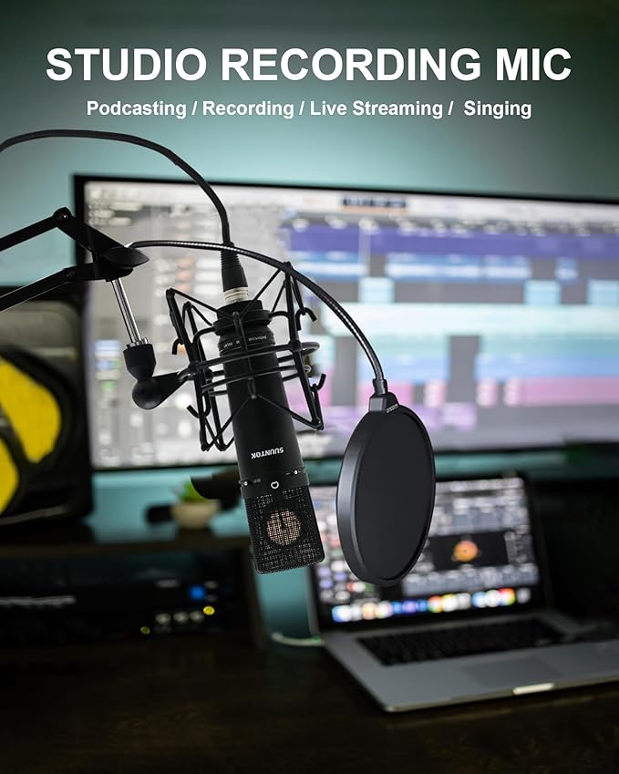 SUUNTOK XLR Microphone, Professional Condenser Microphone with 34mm Large Diaphragm, Cardioid Studio Recording Mic Computer Gaming PC TM87KB Mic Kit for Singing, Podcasting, YouTube (Black)