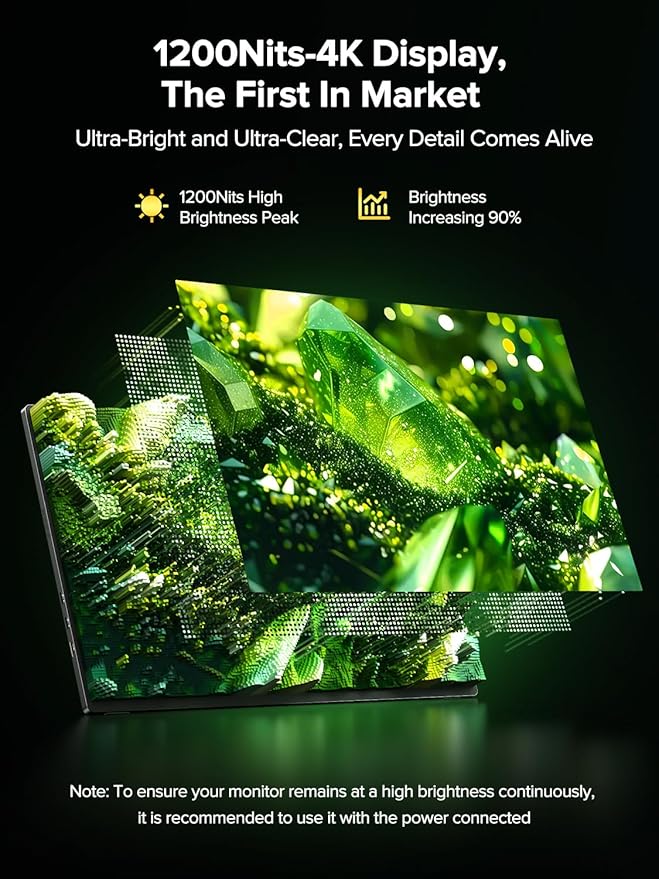 Newsoul 4K Portable Monitor 1200Nits Ultra Bright 16'' Laptop Monitor 2000:1 Contrast Fast IPS Matte Screen with USB-C HDMI VESA, Slim External Screen for Laptop/Phone/Game Console/Office/Travel