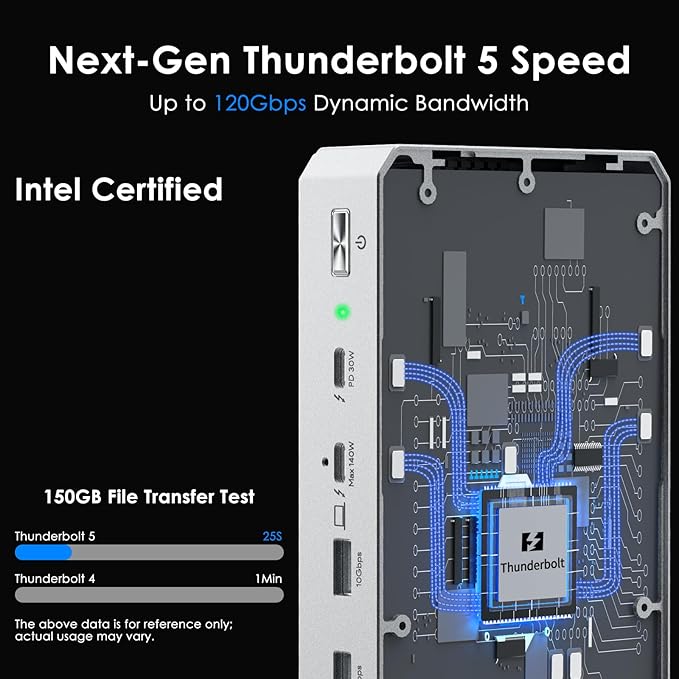 WAVLINK Intel Certified Thunderbolt 5 Docking Station: TB5 Dock with 120Gbps Max Transfer, Thunderbolt 5 hub with 140W Max Charging, 4X USB-A 3.2 Gen 2, Cooling System, 8K Display for TBT 5/4 Laptops