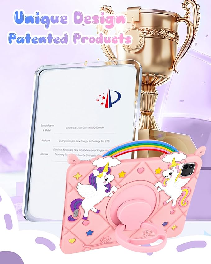 Uppuppy for iPad Air 11 inch Case(Air M4 2026, 8th Gen/M3 2025/M2)/Air 5th/4th Gen 10.9", for iPad Pro 11 inch Case(4th/3rd/2nd/1st Gen) - Pink Unicorn Cover with Rotating Stand & Strap for Girls