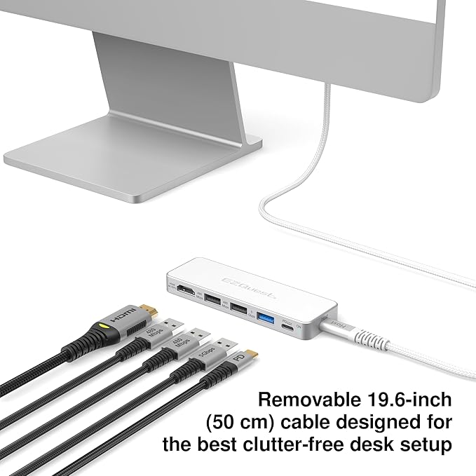 USB-C 5-in-1 Hub Pro Series: 4K 60Hz HDMI, 100W PD Charging, USB 3.0 Data, 20" Detachable Cable. Multiport Adapter for MacBook Pro/Air, iPad, Windows, Thunderbolt 3/4 (Silver White)