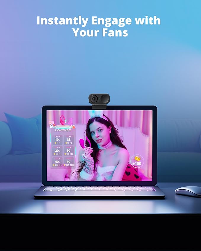 LOVENSE Webcam 2 4k for PC, Live Streaming Camera 1/2" Sensor True Focus Al Noise Canceling, Hand Gesture Control, Mobile Control, Auto Framing, Customizable Audio Modes, Microphones, Privacy Control