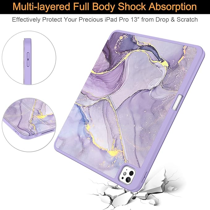 Soke Case for New iPad Pro 13 Inch (M5/M4, 2025/2024 Release), with Pencil Holder Trifold Stand Shockproof [Support Apple Pencil Charging + Auto Wake/Sleep], Soft TPU Back Cover, Lilac Marble