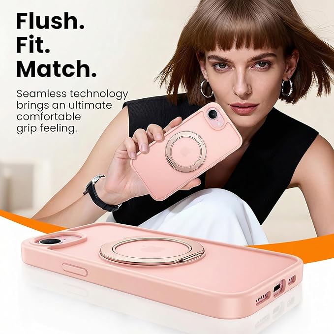 360°Ring Stand for iPhone 16E/17E Case with 2X Screen Protector,Fit for MagSafe, Anti-Yellowing & Scratch-Resistant Back Phone Case for iPhone 16E/17E 6.1", Pink