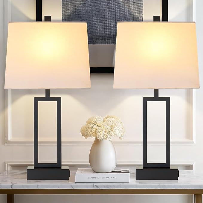 Touch Control Table Lamps with 2 USB Charging Ports & AC Outlets, 23" Tall Modern Nightstand Bedside Lamp for Bedroom, 3-Way Dimmable Metal Table Lamp with Fabric White Shade for Living Room End Table