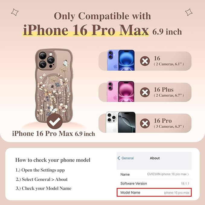 GVIEWIN for iPhone 16 Pro Max Case Compatible with MagSafe [Curly Wave Edge][Full Camera Protection] Floral Translucent Shockproof Magnetic Women Phone Case for 16 Pro Max, Autumnflit/Brow