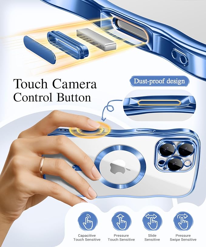 GVIEWIN for iPhone 16 Pro Case Compatible with MagSafe, Upgraded [Full Camera Protection][Cute Wave Frame][Military Grade Protection] Electroplated Soft Phone Cover for Women Girl, Clear/Light Blue