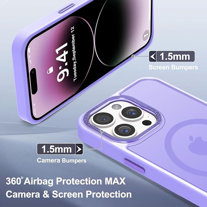 Newfuture Designed for iPhone 14 Pro Case with Magnetic [13 FT Military Drop Protection] [Compatible with Magsafe] Slim Translucent Matte Shockproof with Anti-Fingerprint Phone Case, Lilac Purple