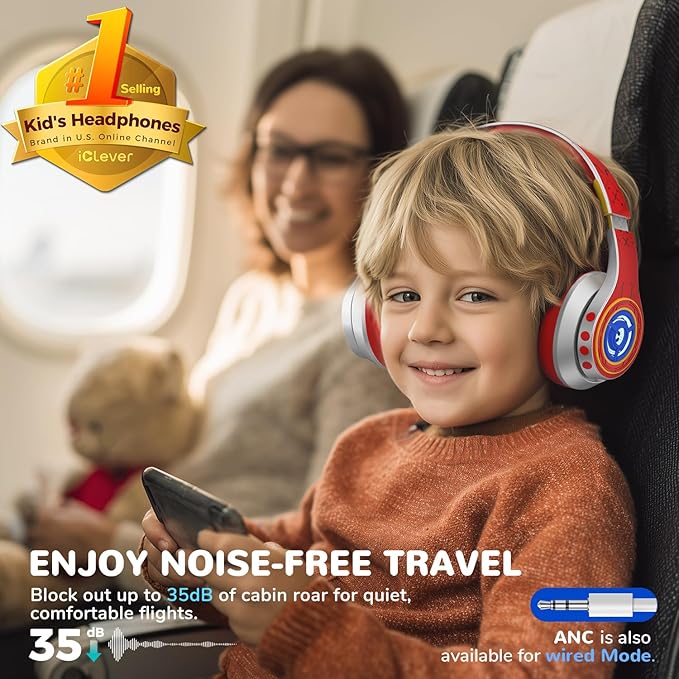 iClever Auraa Active Noise Cancelling Headphones for Kids, LED Light Up, Bluetooth 6.0, Type C Fast Charging, Safe Volume 80dBA, 47H Play Time, Kids Headphones Wireless for Travel iPad Tablet, Sliver