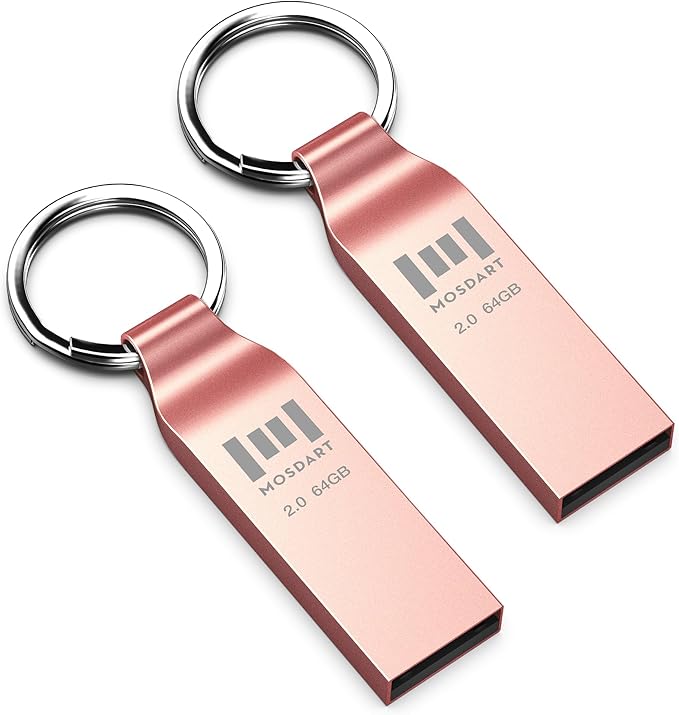 MOSDART Waterproof 64GB USB2.0 Flash Drive, exFAT Metal Memory Stick with Keychain, for System Back, Data Storage, Rose Gold(Pack of 2)