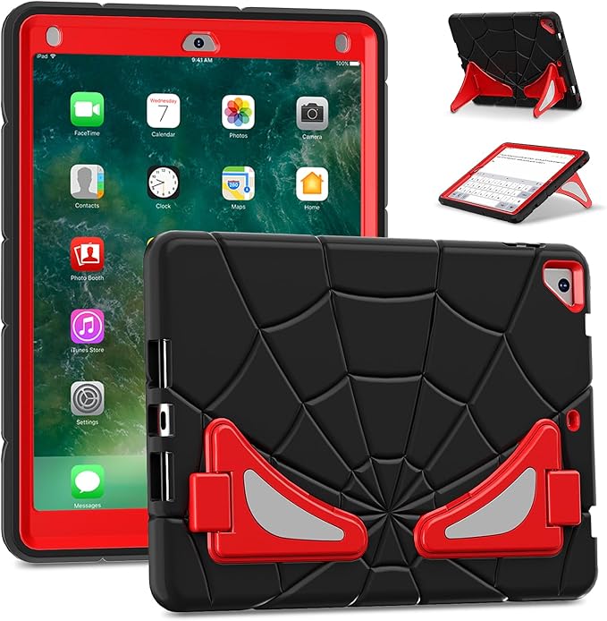 DreamerX for iPad 6th/5th Generation 9.7" Case 2018 2017 with Stand, Heavdy Duty Shockproof Rugged Drop-Proof Cute Cartoon Kawaii Silicone Protective Cover for Kids Boys iPad Air 2/Pro 9.7, Black Red
