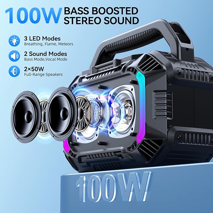 Wilody Speakers Bluetooth Wireless, 100W Loud Outdoor Speaker with Bass, IPX7 Waterproof Floatable, 20H Playtime, Wireless Charge, TWS, RGB Light, Portable Speaker for Work, Garage, Outdoor (Black)