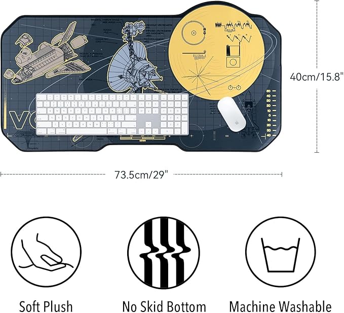 BelugaDesign Space Desk Pad | Voyager Spaceship Moon Galaxy Science SciFi Nerdy Mouse Pad | Large Gray Gold Keyboard Laptop Gaming Mousepad | Machine Washable Non-Slip Desk Blotter Protector Mat