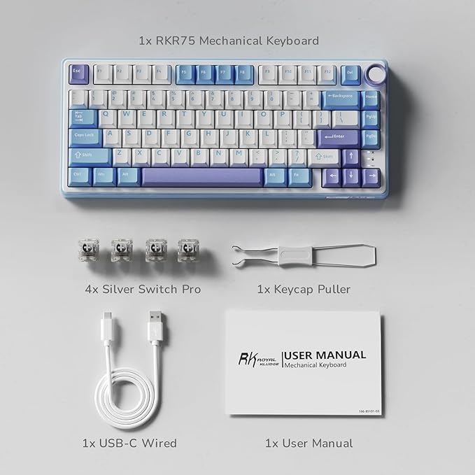 RK ROYAL KLUDGE R75 Mechanical Keyboard Wired with Volume Knob, 75% Custom Gaming Keyboard Gasket Mount RGB Backlit with Software, Cherry Profile, Hot Swappable Silver Switch, PBT Keycaps