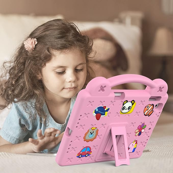 Dteck Kids Case for iPad 9.7 Inch 6th/5th Gen 2018/2017 & iPad Air 2/1 & iPad Pro 9.7 2016,Cartoon Panda Shockproof Rugged Lightweight Pencil Holder Convertible Handles Stand Kids Friendly Case,Pink