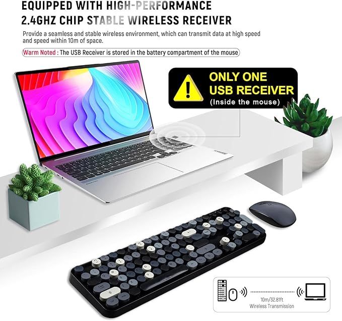 Wireless Keyboard and Mouse Combo, Retro Typewriter Style Round Key Keyboard, 2.4GHz Aesthetic Cute Bubble Full Size Keyboard with Number Pad for PC Computer Laptop Desktop–Black Grey Colorful