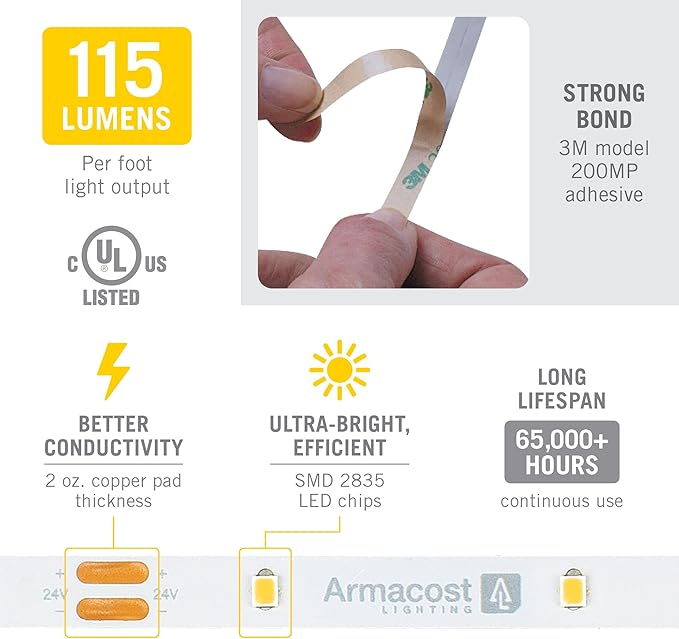 Armacost Lighting RibbonFlex Pro 24V White LED Strip Lights 30 LED/m, 2700K, 32.8 ft 134250