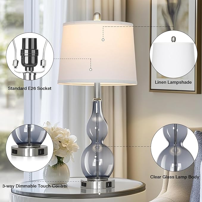 Rinweey 27.5" Gray Clear Glass Table Lamp Set of 2,3-Way Dimmable Touch Control Bedside Lamps with USB Ports and AC Outlet, Modern Nightstand Lamps for Bedroom Living Room