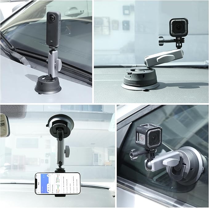 PULUZ Car Suction Cup Mount 360° Rotation Windshield & Window Camera Bracket for GoPro Hero 11 10 9 8 7 Insta360 X3 DJI Action Camera Accessories with Phone Holder with 1/4 Thread