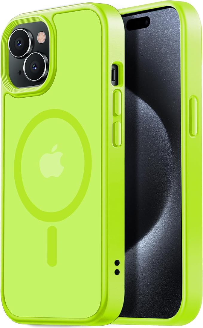 Tigowos for iPhone 15 case,Compatible with MagSafe, Matte Skin-Feeling Shockproof case for iPhone 15 Cases 6.1"，Fluorescent Green