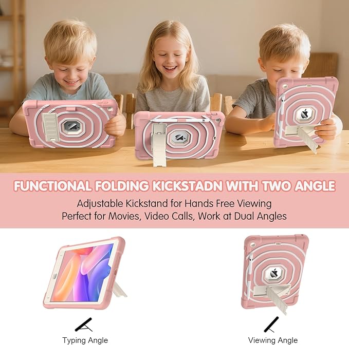 SIBEITU Kids Case for iPad 9th 8th 7th Generation (2021/2020/2019) with Pencil Holder & Kickstand, Slim Heavy Duty Rugged Shockproof Protective iPad 10.2 inch Case for Kids Girls Boys (Pink+White)