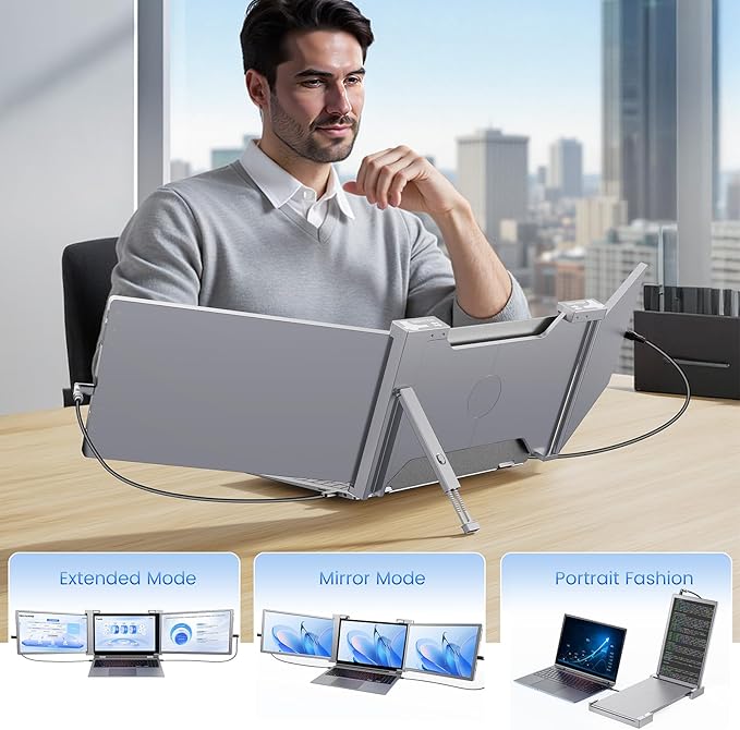 15'' Laptop Screen Extender, 1080P FHD Ultra-Thin Portable Monitor for 15"-17" Laptop with USB-C/HDMI Port, Plug and Play, for Mac/Windows/Android, Triple Screen Ideal for Remote Work & Multitasking