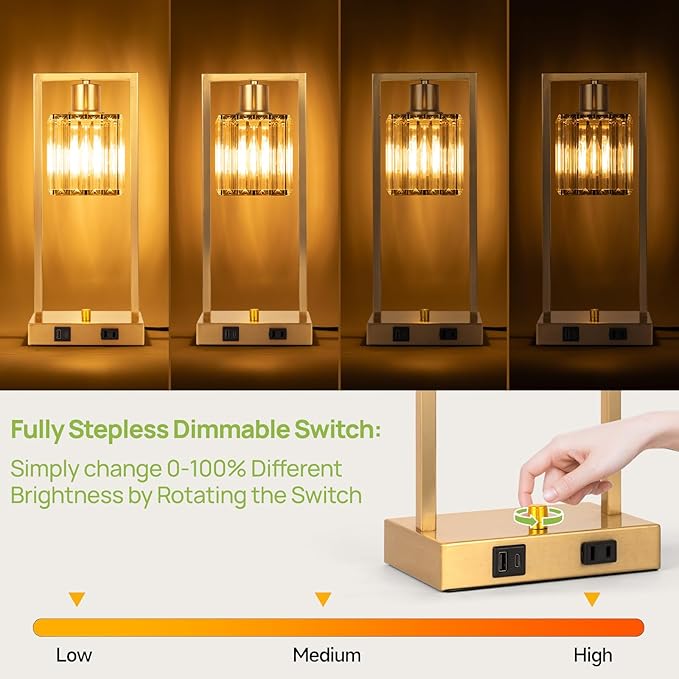 16" Desk Lamps for Home Office, Bedside Lamps with USB C+A Ports and Outlet, Gold Fully Stepless Dimmable Industrial Table Lamps with Crytal Glass Shade for Reading Living Room, LED Bulbs Included
