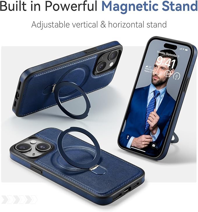 for iPhone 15 Plus Case with Stand, Compatible with MagSafe, Slim PU Leather & Durable TPU Protective Magnetic Kickstand Cover Drop-Proof with Tempered Glass Screen Protector 6.7", Blue