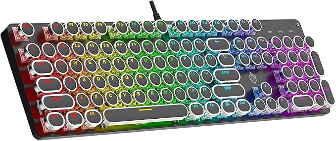 Typewriter Mechanical Gaming Keyboard with RGB Backlit Red Switches, 104 Keys Retro Round Keycap, Wired Typewriter Style Comfortable Typing Soud (R-Black)