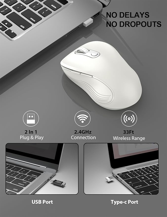 Trueque Wireless Mouse for Laptop, 2.4GHz Ergonomic Computer Mouse with Back & Forward Buttons, 3 Adjustable DPI Levels, 6 Buttons, Optical USB Cordless Mice for Windows PC, M01 (Pure White)