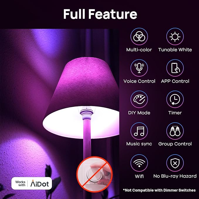Linkind Matter Smart Light Bulb, WiFi Smart Bulbs, Work with Apple Home, Siri, Alexa, Google, SmartThings, RGBTW Color Changing Bulbs Mood Lighting, Music Sync, A19 E26 60W, 2.4Ghz WiFi 6 Pack
