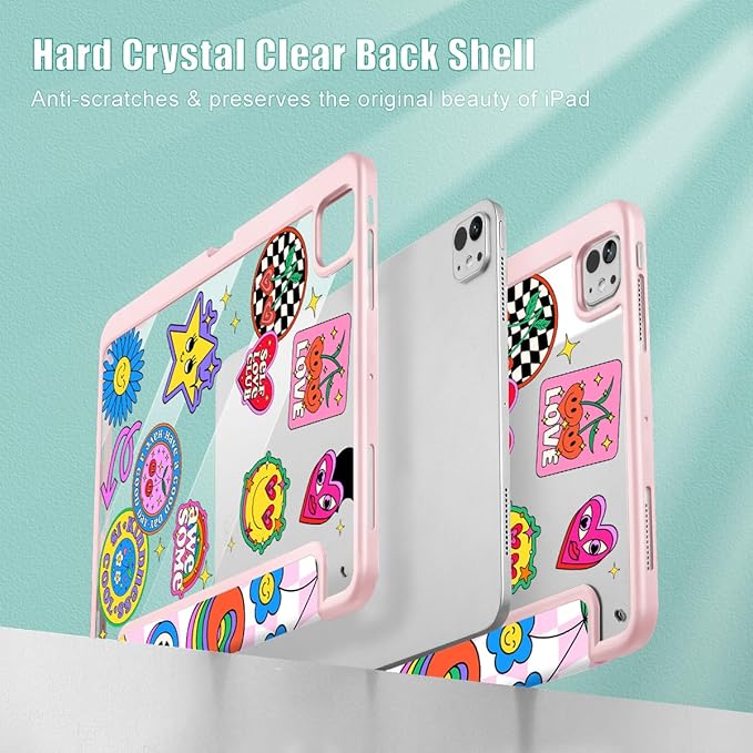 May Chen for iPad Pro 13 Inch Case M5 2025 / M4 2024, Built Pencil Holder & Clear Transparent Print Back Shell Slim Stand Shockproof Tablet Cover, Auto Wake/Sleep, Groovy