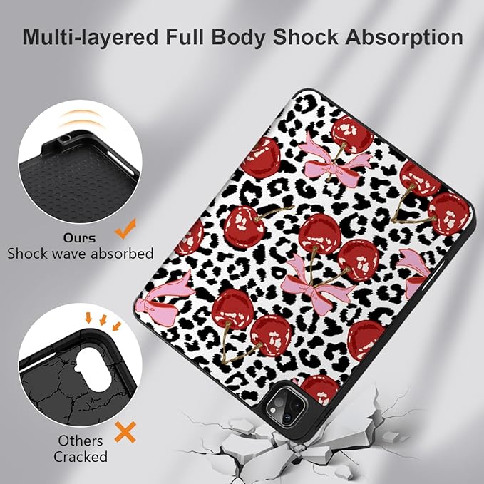 MEEgoodo for iPad Pro 12.9 Case M2 6th/5th/4th/3rd Generation 2022 2021 2020 2018 with Pencil Holder, Tablet Cover with Soft TPU Back Shell, Leopard & Cherry
